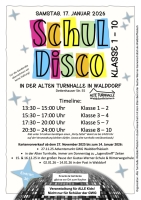 Plakat der Schuldisco Klasse 1 bis 10 mit allen wichtigen Informationen
